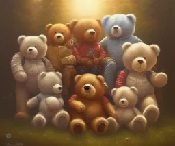 boy and big teddy bears. oil on canvas