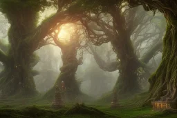 a beautiful and highly detailed matte painting of a wooden elven temple in a magical fantasy garden in a lush forest, celtic knots, ancient runes, knotted trees, tangled vines, intricate details, epic scale, insanely complex, 8k, sharp focus, hyperrealism, very realistic, by caspar friedrich, albert bierstadt, james gurney, brian froud