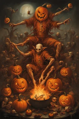 surreal anthropomorphic Hieronymus Bosch style Pumpkin jack-o-lantern cryptids cavorting around a bonfire bacchanalia, Dystopian Halloween Nightmare world; by Stanley Mouse, by Jeremy Mann, by Wes Benscoter, hypesurrreal; deep vibrant rich orange, black, and red color scheme; ultra intricate complex detail, messy matte oil painting.