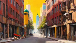 Surrealist painting depicting an urban street scene with a distorted perspective. The layout features a narrow street flanked by tall, angular buildings with exaggerated, leaning facades. The buildings are painted in vibrant colors, primarily reds, yellows, and browns, with a prominent green dome atop one structure. The street is populated with various objects, including a dog, a wheelbarrow, and street lamps with elongated, curved poles. The sky is painted in a gradient of warm colors, suggesti