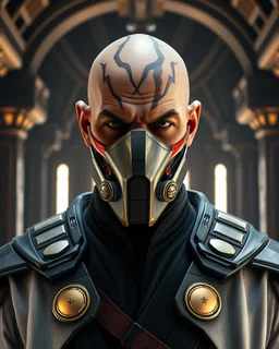 heavily scarred head bald male corellian jedi wearing gunmetal grey and black old republic armored flightsuit and breath mask with gold and metallic red trim inside the jedi temple, centered head and shoulders portrait, hyperdetailed, dynamic lighting, hyperdetailed background, 8k resolution, volumetric lighting, light skin, fully symmetric details