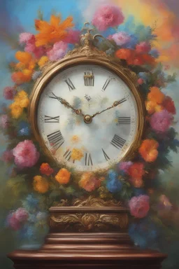 Hickory Dickory dock what a wonderful looking clock, Paul Stanley/Elvis Presley/Keanu Reeves/Jon Bernthal, multicolored, large, Floral/rainbow designs, atmospheric, beautiful, oil painting by Boris Vallejo, 4k UHD, Photorealistic, professional quality