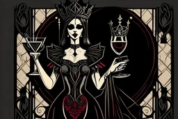 Stylized goth queen, wine in hand, In the style of Tarot and Art Deco, Black colours