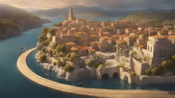 a roman town divided by a river next to the ocean. marble and gold. fantasy. cinematic lighting, hyper realisme, Hyperrealistic, splash art, concept art, mid shot, intricately detailed, color depth, dramatic, 2/3 face angle, side light, colorful background