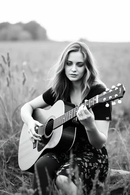 beautiful woman playing acoustic guitar in mid west blck and white old photto