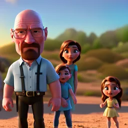 Walter White and his family, 8k, realistic body, with a fedora, sunset background,