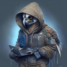 A falcon as a hacker using a hoodie, military and hacker gadgets