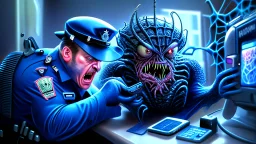 male cop dispatcher deals with evil virus hatching from the phone