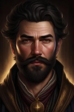 dnd, realistic close-up image of a good looking human male, dark magic sorcerer, charlatan, con artist, long dark har, dark brown eyes, trimmed beard and mustache, very well dressed, charming, arrogant and intimidating, in his late 40s