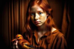 Beautiful golden red hair girl holding duck portrait in ochre, moody, somber, desaturated colors