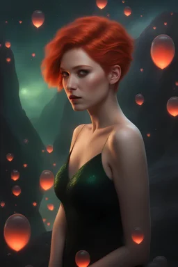 3D Bubbles, Floating hearts with an electrical current, fog, clouds, somber, ghostly mountain peaks, a flowing river of volcanic Lava, fireflies, a totally gorgeous woman with short, buzz-cut, pixie-cut red hair tapered on the sides, green eyes, wearing a black, sinister, mermaid dress