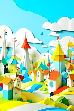 A white village with windmills in the cloudy sky designed in Japanese origami painted by Wassily Kandinsky