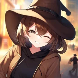 Clear focus, High resolution, short brown spiky hair, hair between eyes, eyes closed, wearing a brown detective hat, wearing a brown jacket and a black shirt, wearing black shorts, 1girl, pulling hat down, smiling, wearing a oversized hoodie