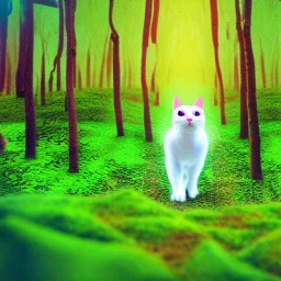 White cat walking in psychedelic forest