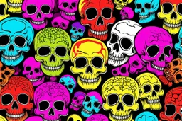 a field of 1000s of psychedelic anatomically correct, skulls, vivid RANDOM BRIGHT neon colors, dark comedy, well lit, high detail, photorealistic, horrorcore, fun, scary, none featured, each a different color or hue,