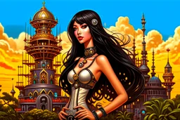 exotic sci-fi steampunk pin-up girl, with long dark hair with bangs, on an alien planet with cloud trees, tall spires, buildings, bridges, arches, photorealistic