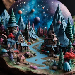 Detailed creepy landscape made of modeling clay, fairy tale, mountains, people, village, stars and planets, Roger Dean, naïve, Tim Burton, strong texture, Ernst Haekel, extreme detail, Max Ernst, decal, rich moody colors, sparkles, bokeh