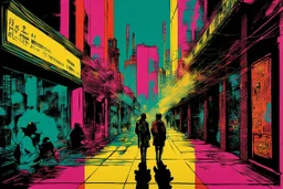 classic painting of a cyberpunk colourful walkway with two people making an exchange in the city with pollution by andy warhol