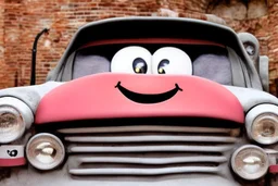 whimsical cartoon car with big eyes and its front grill forming a friendly smile