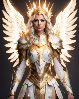 front Shot a beautiful lady angel dressed in armor and headdress with sparks, in the style of charming characters, light white and light gold, glamorous dress, aurorapunk, rtx on, half body, li-core, portrait