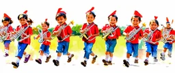 children joyfully marching in a band. Digital painting illustration