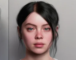 ying in the bathroom, photorealistic illustration, Billie Eilish