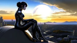 A white woman with black hair, in an android-looking catsuit, sitting on a rock, sideways, with Saturn planet behind her, filling most of the sky, a futuristic city on the horizon, evening sunlight