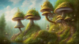 Gigantic mushroom village with balconies, archways, stairs, bridges, bushes, spanish moss, ivy, river, a winding pathway through the middle, in a valley