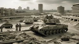 Israeli soldiers and tanks stand on a very large chessboard in the middle of a destroyed city