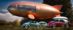 blimp vw-beetle hybrid, retrofuturistic, phototrealism, in flight