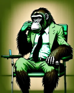 NFP style bored ape - monkey that is a luxury forex trader - background is one colour