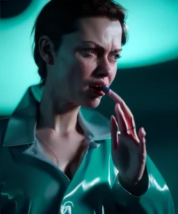 Ultra Realistic image, photo studio, medium shot view, a woman making the fuck off gesture with his finger, blue smoke coming out of his nose and mouth, happy. Latex inflatable coat, soft color, highly detailed, unreal engine 5, ray tracing, RTX, lumen lighting, ultra detail, volumetric lighting, finely drawn, high definition, high resolution.