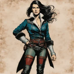 Create an aquatint portrait of an epic fantasy Lankhmar female thief character , slim in stature, with shoulder length hair, finely lined and detailed facial features, in an fur collared leather doublet and breeches , a short oriental cloth belt at the waist, stealthy soft leather slippers, , in the comic book style of Howard Chaykin, Mike Mignola, , and Jean Giraud Moebius, precisely drawn, colored and inked,