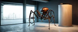 pinhole cam, weird geometry sacred, airbrush 3d rendering, integrated_multimodal_description: [Shot 1] A five-second cinematic single take in a clean industrial presentation hall. A bizarre mechanically plausible bicycle machine stands beside a presentation podium, designed to look like a giant mechanical praying mantis. Two large bicycle wheels form its main body and four thin articulated mechanical legs support it. Two long folded mechanical front arms resemble mantis forelegs.