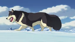 Alaskian Malamute running through the snow, furry style, shamanism, fish