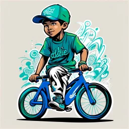 Vector t shirt art ready to print blue green light ograffiti illustration of A boy Indonesia riding in bycycle and a basecap with text "addie" On cap, white background.