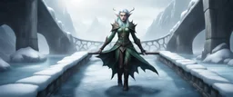 full body psionic elf in threatening pose on ice stone bridge