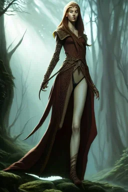 painting of a tall elven young woman with short light brune hair and freckles on the cheak bones and tall body of a topmodel light clothes, long shot, ultra realistic, concept art, intricate details, eerie, highly detailed, photorealistic, octane render, 8 k, unreal engine. art by artgerm and greg rutkowski and charlie bowater and magali villeneuve and alphonse mucha