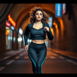 a modern city jewell lights , a beautiful fashion model lady with cute,curvy hair,makeup, in pretty sports suit is running in street ,dynamic camera fallow her inside cave capturing full body, dynamic lights.