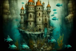 A grayish teal underwater castle with fish painted by Antoni Gaudi