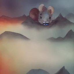 white Field mouse mountains drinking water at sunrise water color vibrant cute