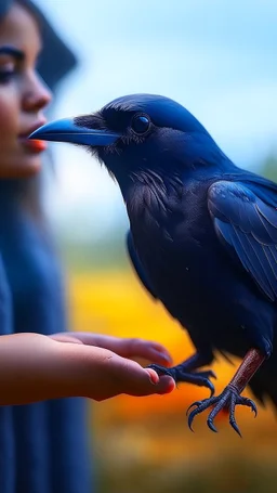 A hand holding a crow a woman realistic , pro photography , high quality, and cenmatic scene