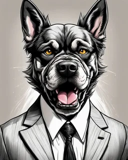 full head, full head, Illustrative sketch of a image of an angry humanoid dog, suit and tie, arte lineal ultra quality, 8k, full head, full head