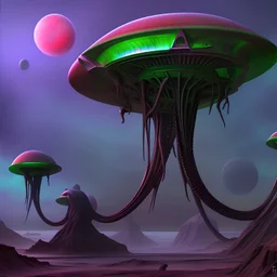 "Aliens" in a weird land - style by Rick Griffin - colorful, very sharp, sharp focus, extremely detailed, high definition, intricate, hyperrealistic