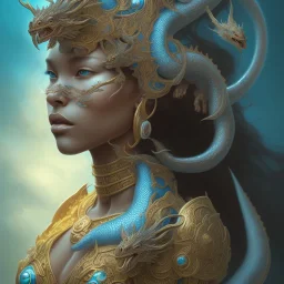 sango fantasy, fantasy magic, intricate, sharp focus, illustration, highly detailed, digital painting, concept art, matte, artgerm and paul lewin and kehinde wiley, masterpiece silver dragon head orange Asain African nice breast Afo woman turquoise waves