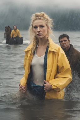 In the music video, a 23-year-old woman with blonde hair and bright blue eyes stands in the sea, se has a bun. dressed in a yellow fisherman's jacket. She holds an umbrella, but it offers no protection from the pouring rain. Around her, heavy horses are moving. The rain is pouring heavily. She is standing in the middle of the sea. You can see here completely. The rain is pouring really really hard. horses