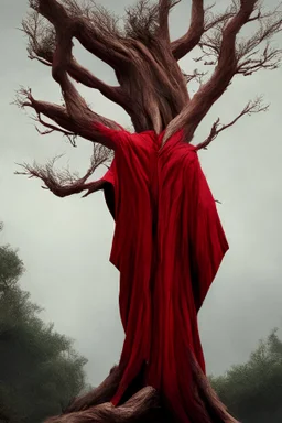 a huge tree dressed in Dante's shabby red robe, branches sticking out of its head