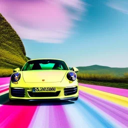 concept, art, high quality, sport car, porshe 911, 911, porshe on the nature, porshe pink color, porshe made of candies, landscape background, sunny, ultra high quality, realistic, cinematic, good weather, green nature, funny, rich green nature