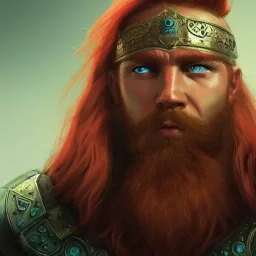 highly detailed portrait viking king art, red hair, blue glass eyes, green glass steel armor, cinematic lighting, 4k, 8k, octane render, digital concept art, trending on artstation, pinterest, extremely detailed, ambient lighting.