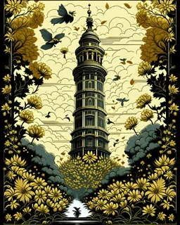 giant dark tower, with beautiful bees flying around, in shephard fairey style graphic, urrounded by golden leaves, sharp detailed graphic, garden background with blue sky and white clouds.